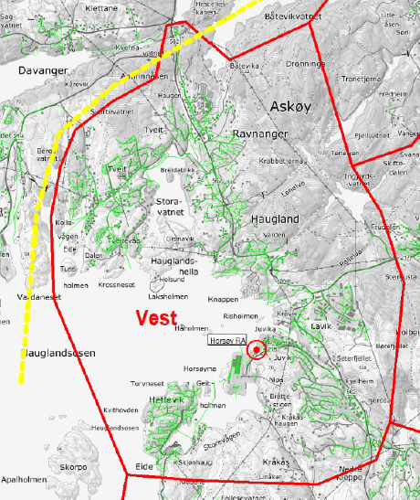 Kart avløpssone vest med markert plassering av renseanlegg