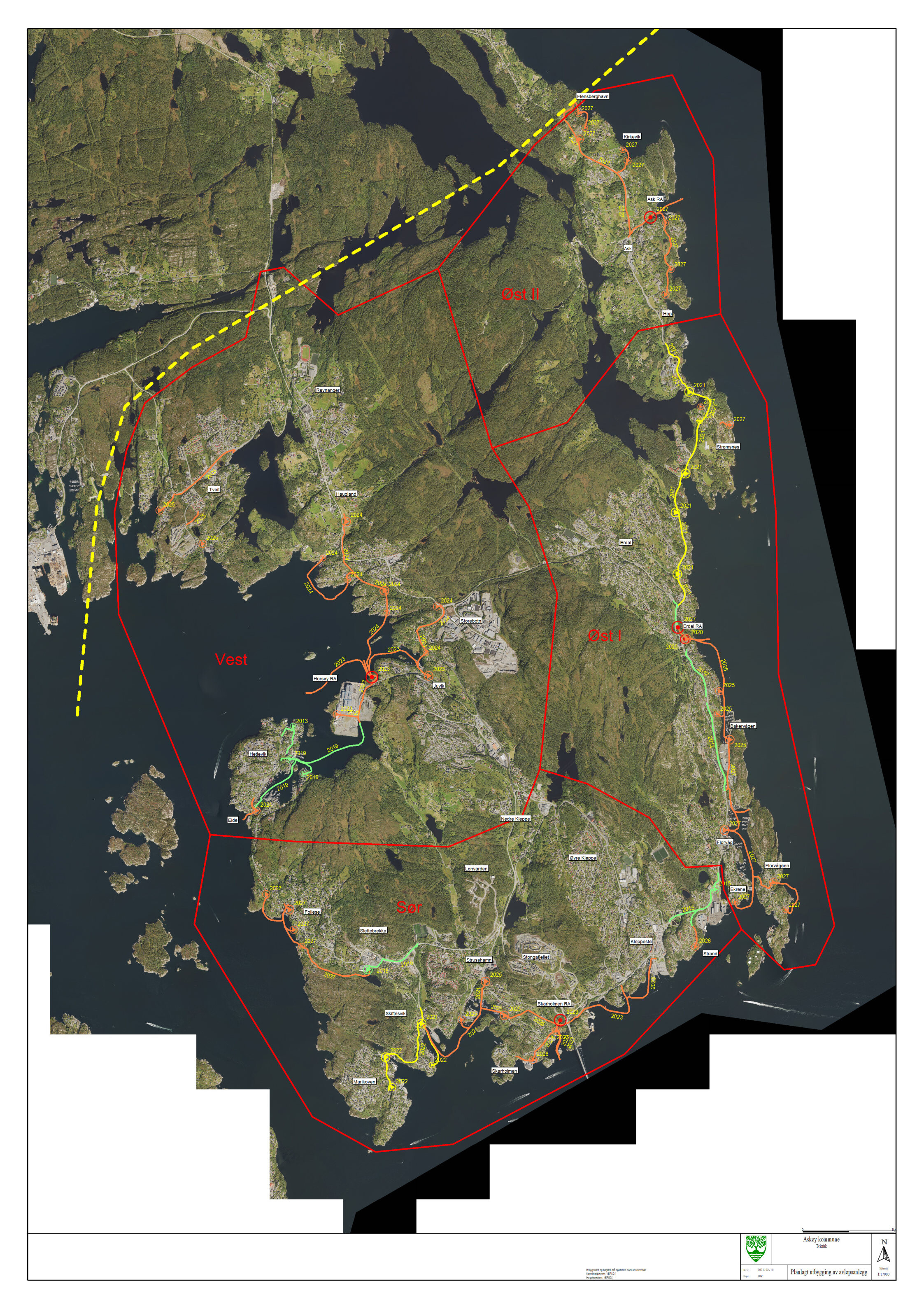 Kart som viser fremdriftsplan for avløpshåndteringen for Søre Askøy