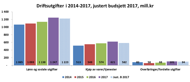Graf 5 Driftsregnskap viser søylediagram over driftsutgiftene fra 2014 til 2017.