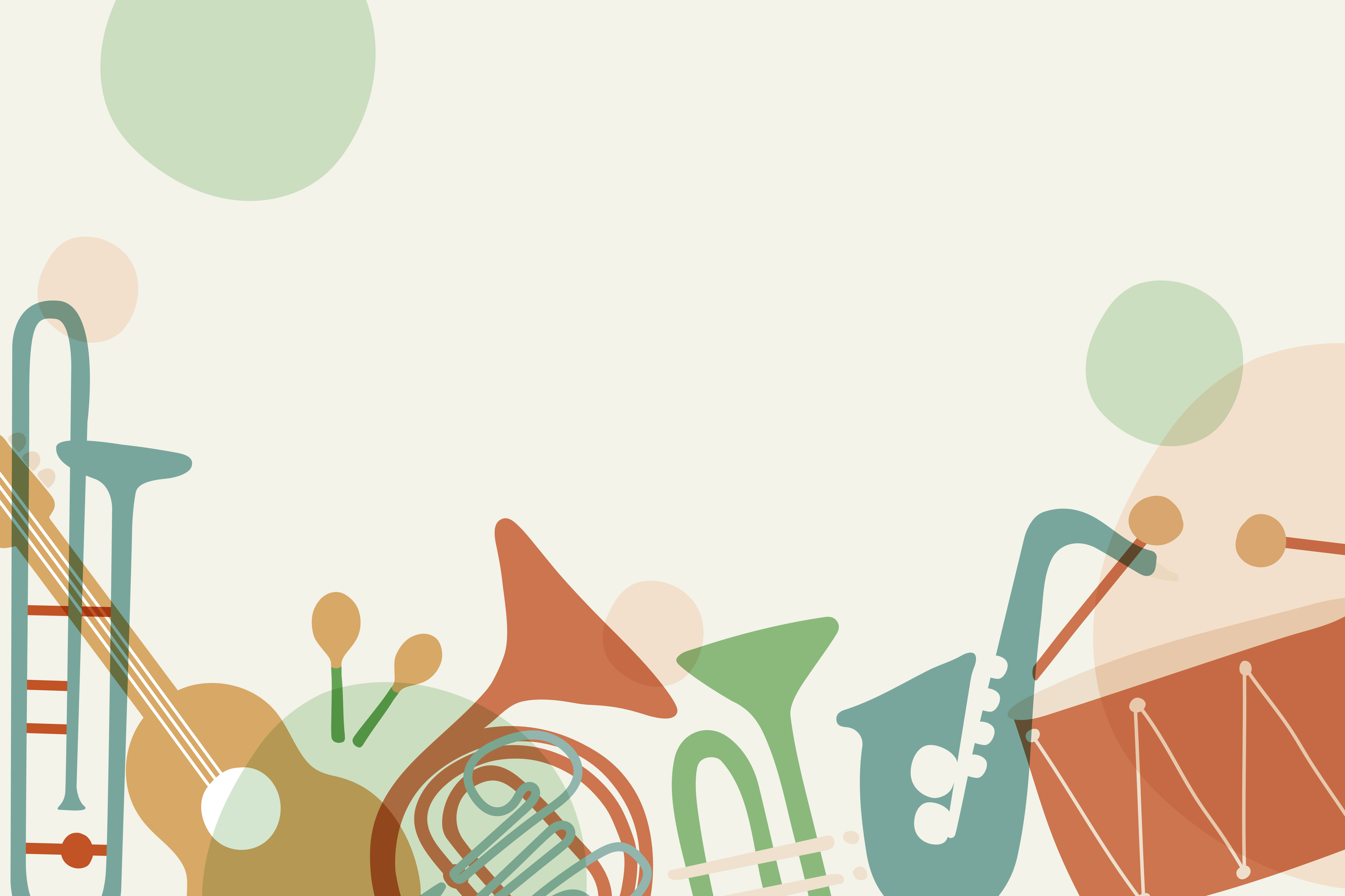 digital illustrasjon med mange musikkinstrumenter: trommer, saksofon, trompet, gitar, trombone med mer.