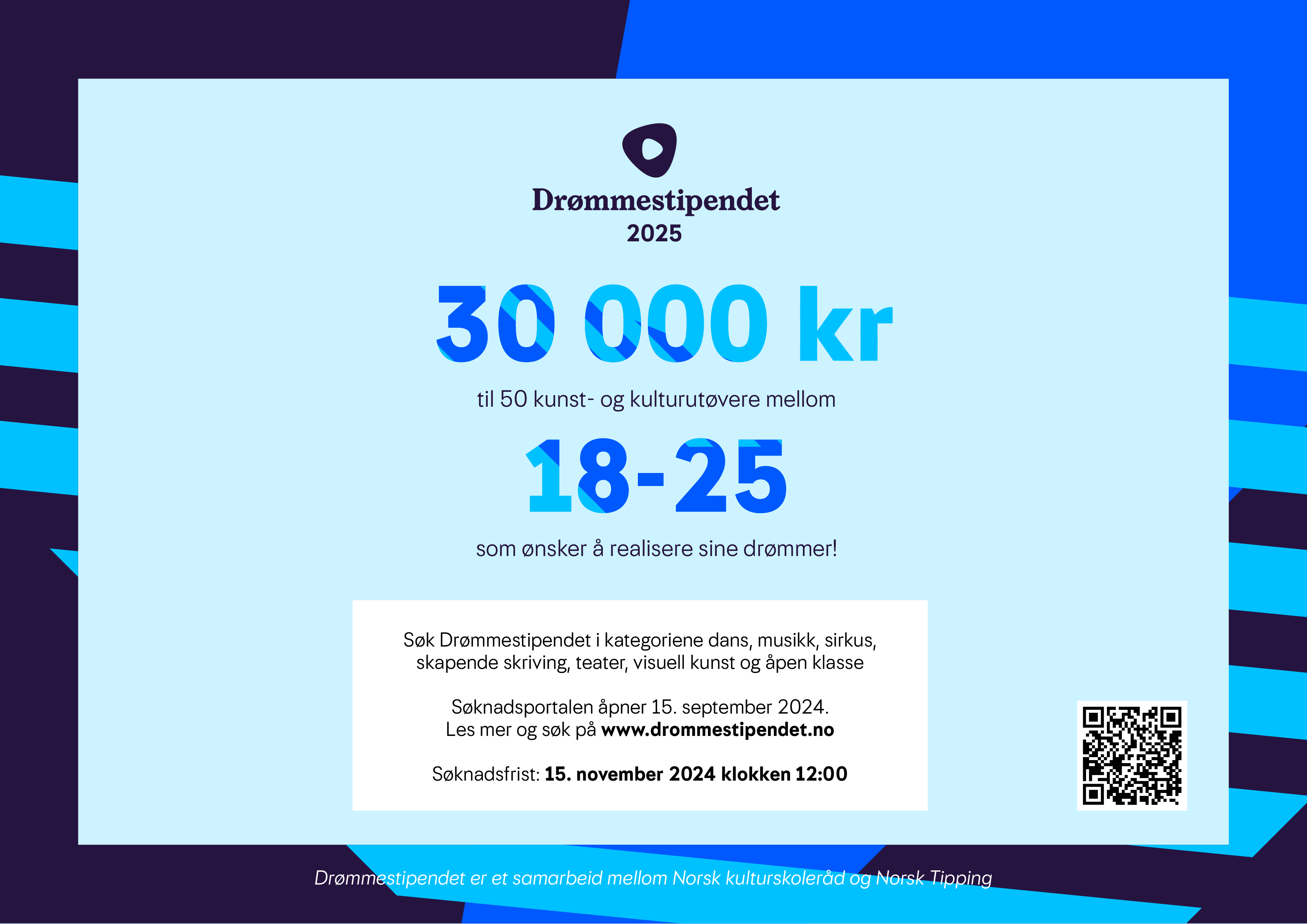 Plakat for Drømmestipendet. Den er blå med mønster. På teksten i bildet står det "Drømmestipendet 25. 30000 til 50 kunst- og kulturutøvere mellom 18-25 som ønsker å realisere sine drømmer! Søk drømmestipendet i kategoriene dans, musikk, sirkus, skapende skriving, teater, visuell kunst og åpen klasse."