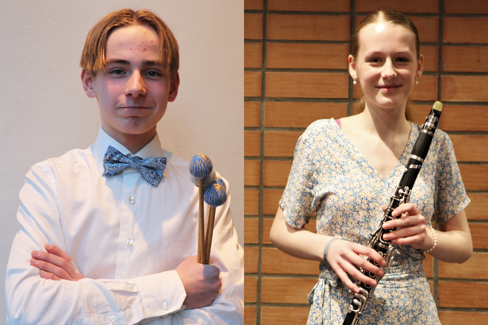 Bilde av en gutt med slagverkskøller, og en jente med klarinett.