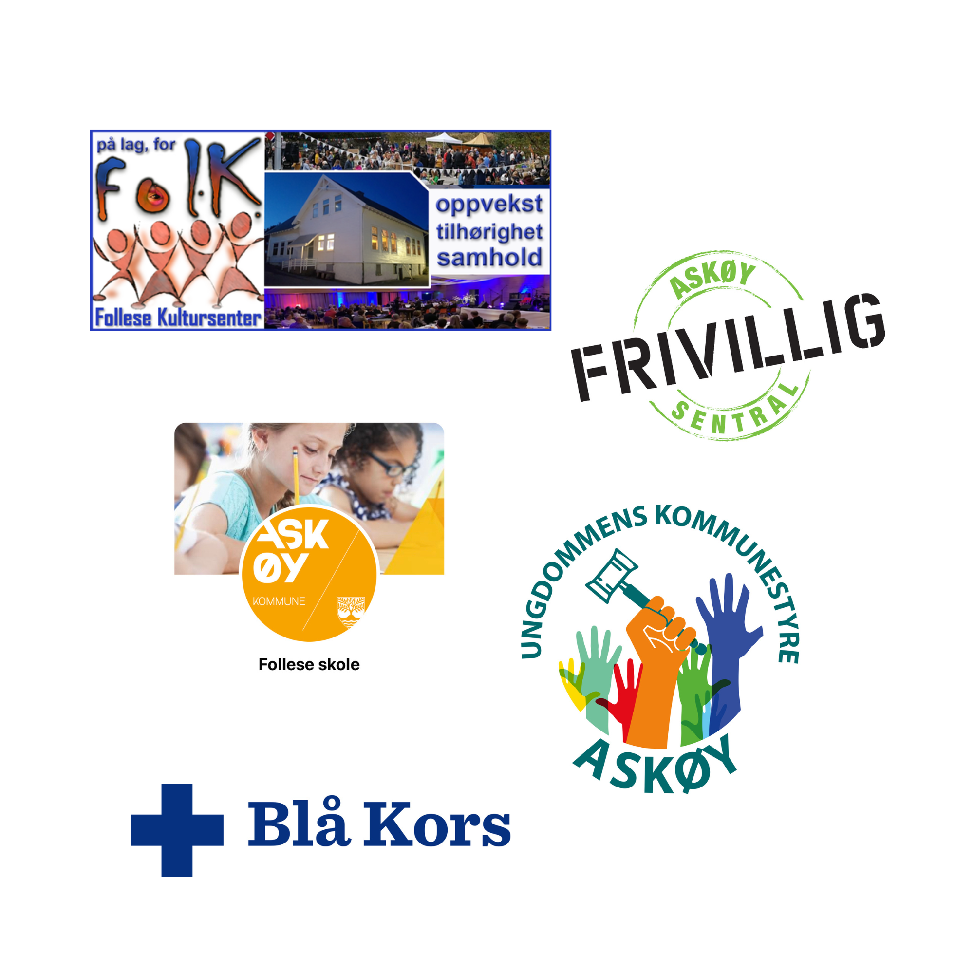 Et bilde som viser 5 logoer. Logoene er fra Follese kultursenter, Askøy frivilligsentral, Follese skole, Ungdommens kommunestyre Askøy og Blå kors.