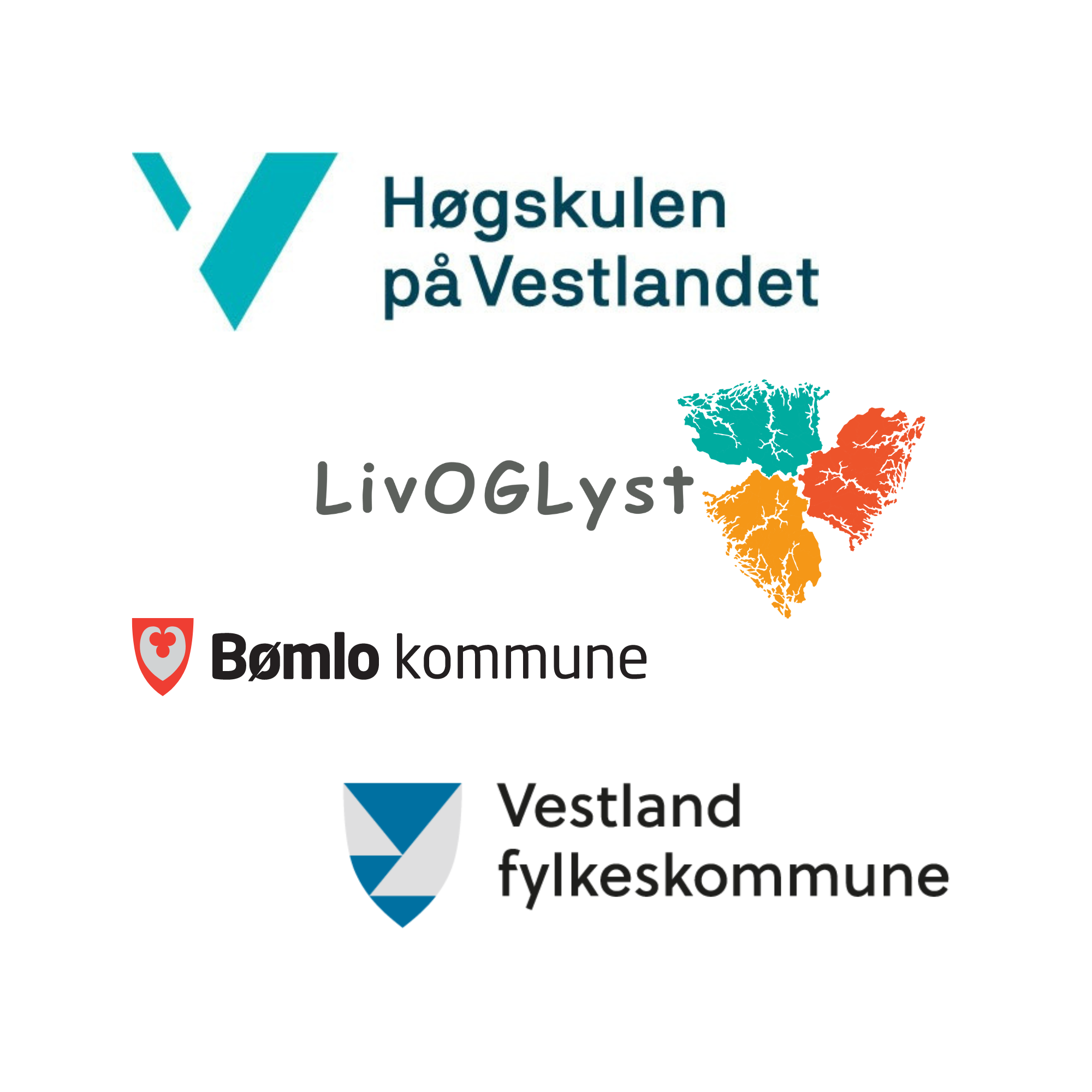 Et bilde som viser 4 logoer. Logoene er fra Høgskulen på Vestlandet, Liv og lyst, Bømlo kommune og Vestland fylkeskommune.