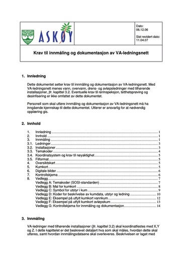 Krav til innmåling og dokumentasjon av VA ledningsnett