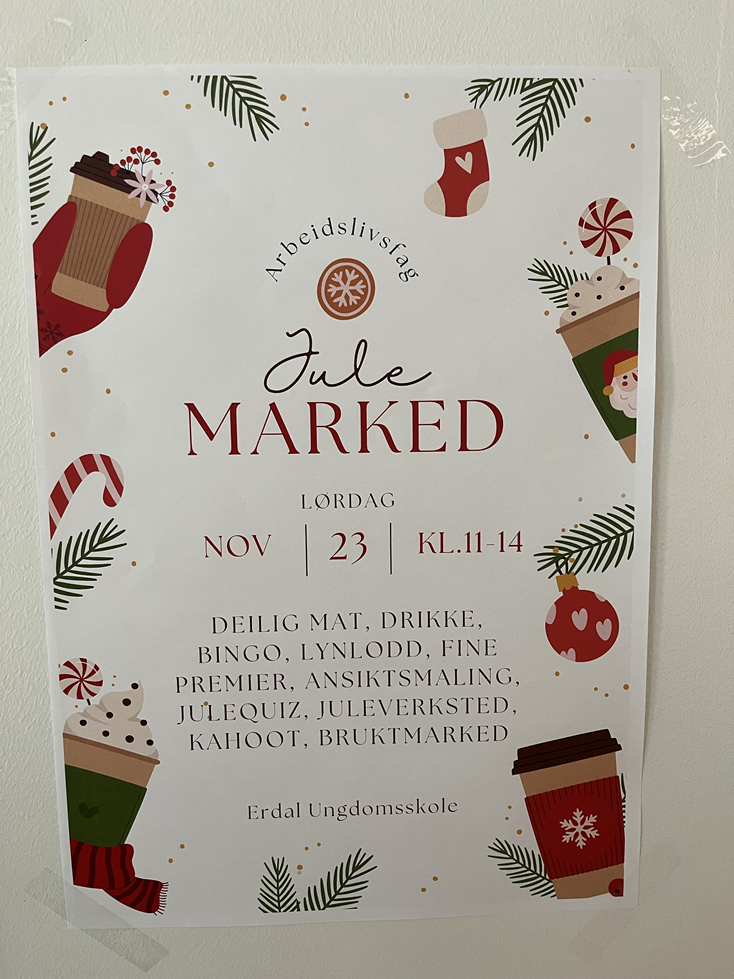 Plakat om julemarked 23. november klokken 11-14 på Erdal ungdomsskole