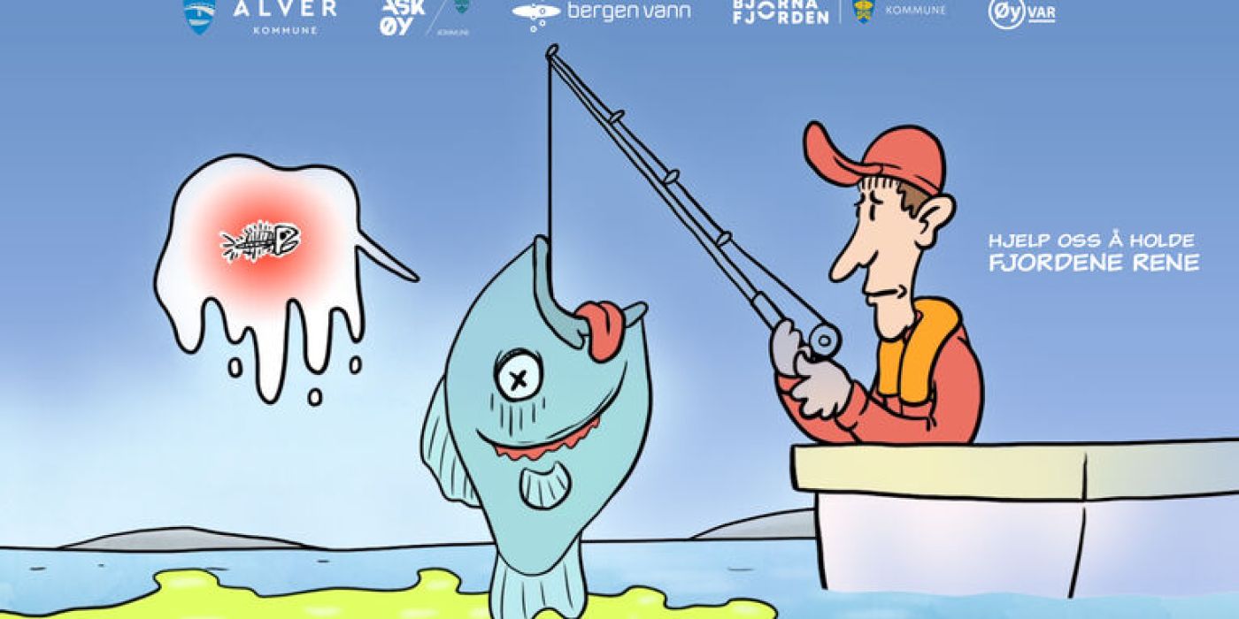 Tegning av en mann i båt som fisker med stang. Han får en død fisk på kroken på grunn av forurenset vann.