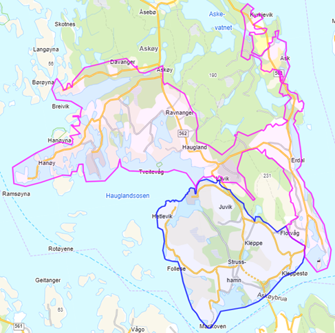 Kartet viser et kystområde med flere øyer og fjorder. Området er delt inn i forskjellige soner markert med fargede linjer - hovedsakelig rosa, oransje og blå.