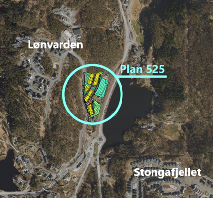 Kart over Lønvarden-området med markering av plan 525. Det vises en oversikt over det planlagte boligområdet, inkludert infrastruktur og tilstøtende områder som Stongafjellet og Strusshamnvatnet.